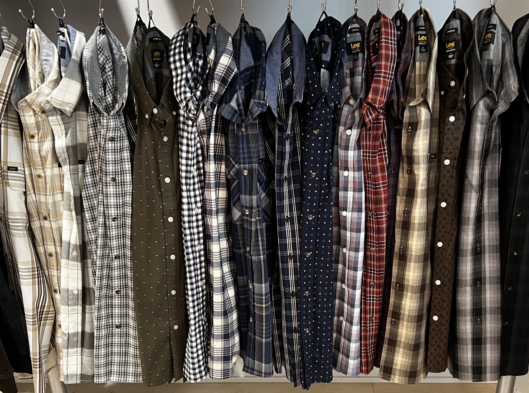 Lee men's woven shirt assortment in the showroom